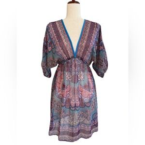 Angie Plunging V-Neck Boho Print Mini Dress Cover Up Blue Multi Sz M